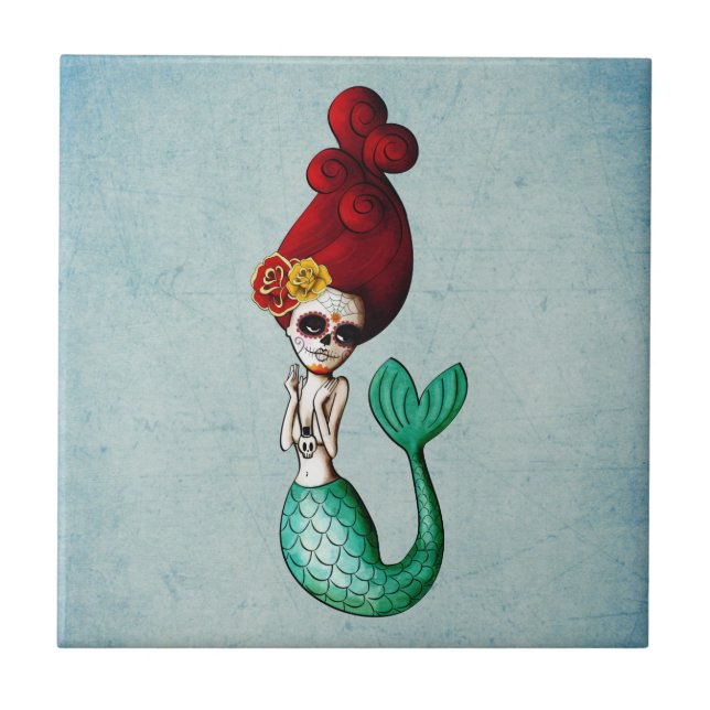 Dia de Los Muertos Beautiful Mermaid Ceramic Tile (Front)