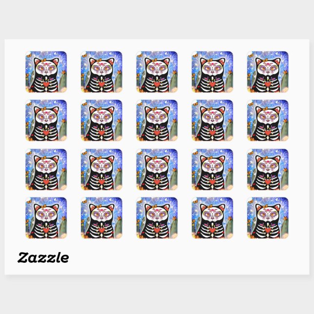 Dia De Los Muertos Black Cat  Square Sticker (Sheet)