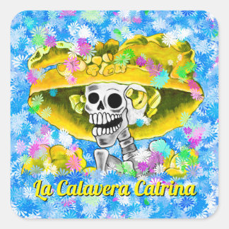 Dia De Los Muertos Calavera in Yellow Bonnet Square Sticker