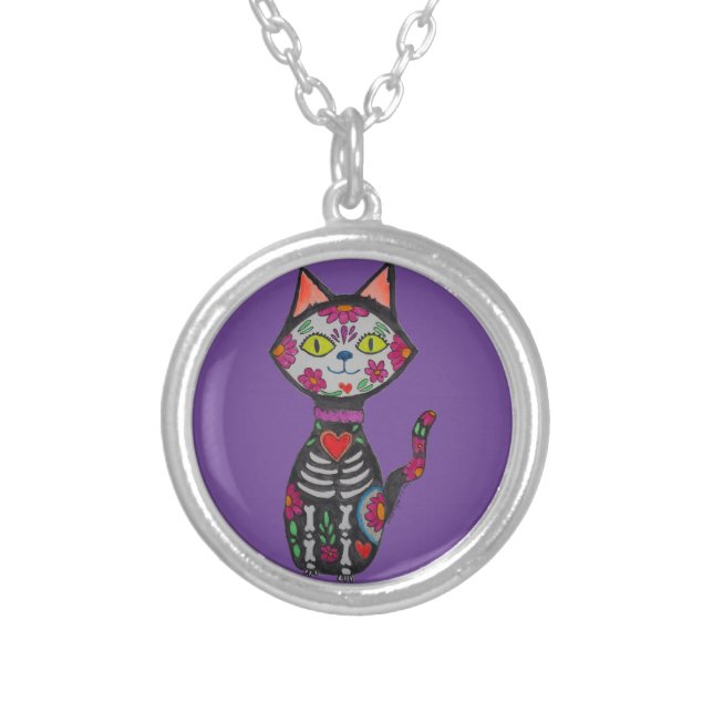 Dia de Los Muertos Cat  Silver Plated Necklace (Front)