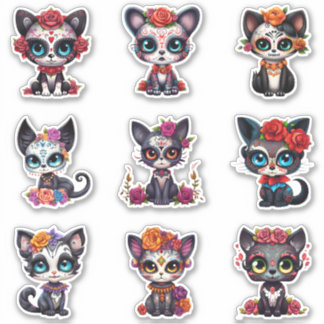 Dia de Los Muertos Cat Stickers - Set of 9