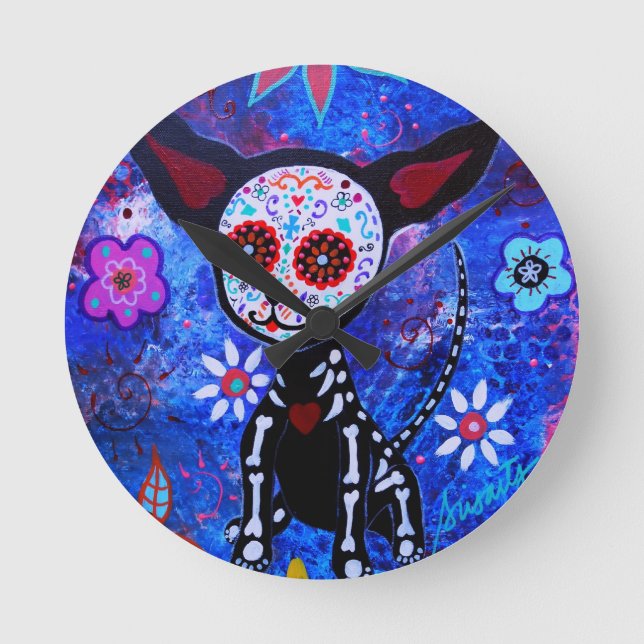 Dia de los Muertos Chihuahua Dog Lover Round Clock (Front)