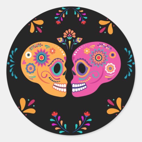 Dia de los Muertos Colorful Couple Sugar Skull Classic Round Sticker