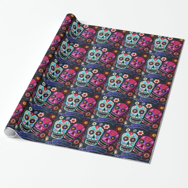 Dia de los Muertos Couple Wrapping Paper (Unrolled)