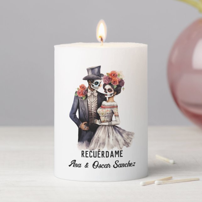 Dia de los Muertos Custom Name Sugar Skull Couple Pillar Candle (In Situ)