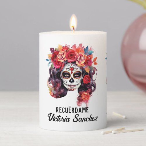 Dia de los Muertos Custom Name Sugar Skull Woman Pillar Candle