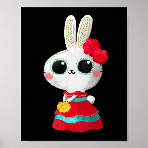 Dia De Los Muertos Cute Bunny Red Dress Mexican  Poster