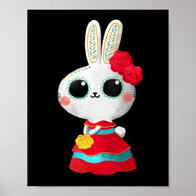 Dia De Los Muertos Cute Bunny Red Dress Mexican  Poster (Front)