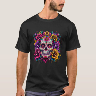 Dia De Los Muertos Day Floral Sugar Skull Hallowee T-Shirt