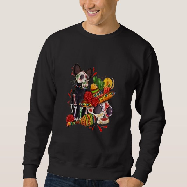 Dia De los Muertos Day of The Dead Skull Black Cat Sweatshirt (Front)