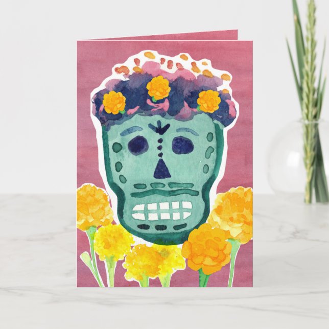 Dia de los Muertos Day of the Dead Skull Marigolds Card (Front)