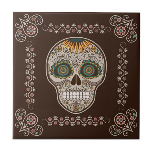 Dia de los Muertos decorative sunflower skull Tile