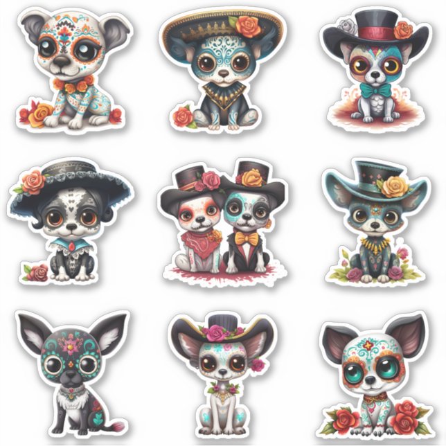 Dia de Los Muertos Dog Stickers - Set of 9 (Front)