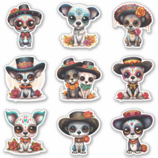 Dia de Los Muertos Dog Stickers - Set of 9