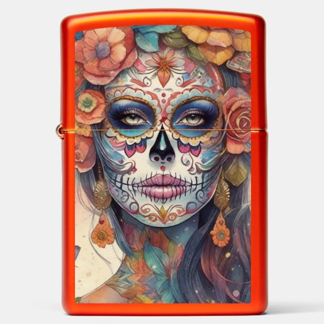 Dia de los Muertos Elegance: Sugar Skull Makeup Zippo Lighter (Front)