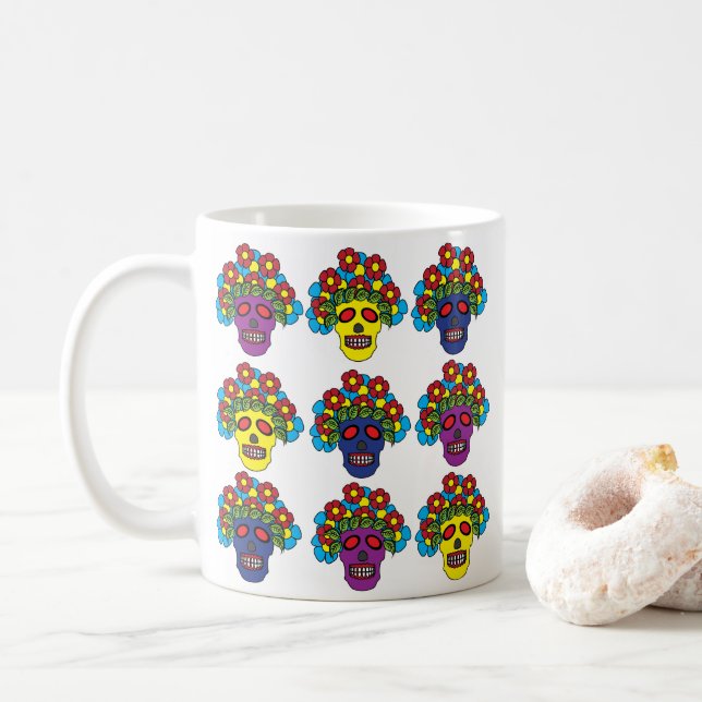 Dia De Los Muertos Floral Skull  Coffee Mug (With Donut)