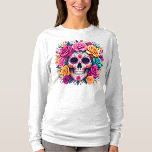 Día de los Muertos Floral Sugar Skull Art T-Shirt