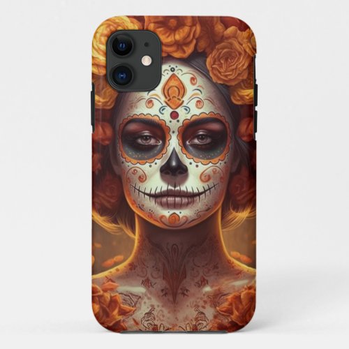 Dia de los Muertos golden painted face iPhone 11 Case