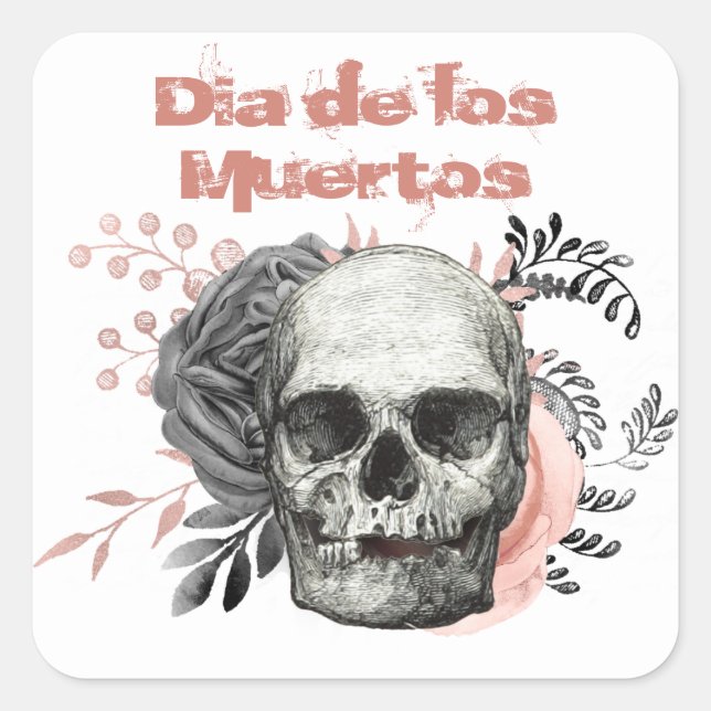 Dia de los Muertos Gray Pink Rose Skull Square Sticker (Front)