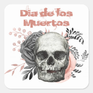 Dia de los Muertos Gray Pink Rose Skull Square Sticker