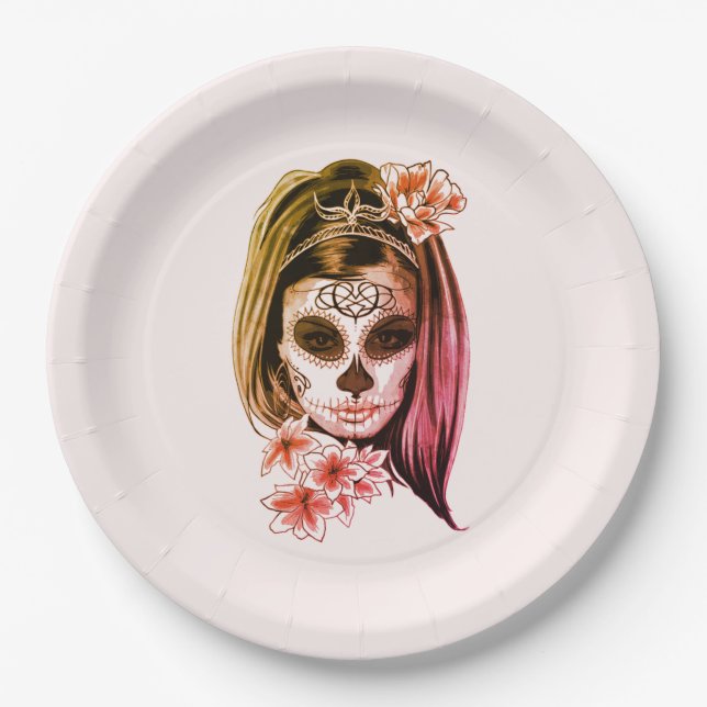 Dia De Los Muertos & Halloween Party Paper Plates (Front)