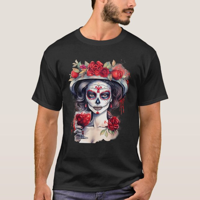 Dia De Los Muertos La Catrina Sugar Skull Drinking T-Shirt (Front)