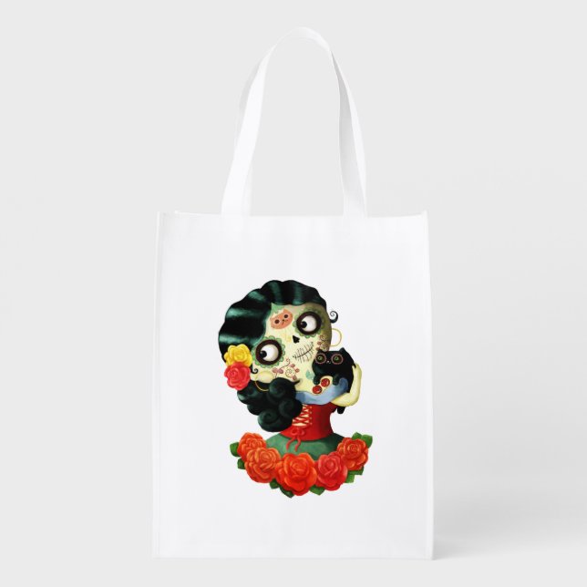 Dia de Los Muertos Lovely Mexican Catrina Girl Grocery Bag (Back)