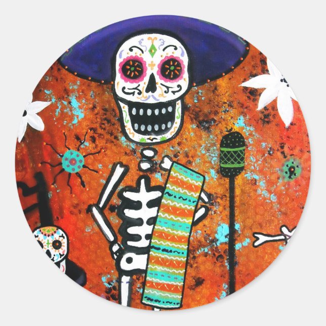 DIA DE LOS MUERTOS MARIACHI CLASSIC ROUND STICKER (Front)