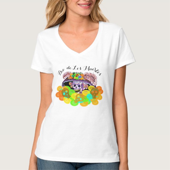 Dia De Los Muertos Marigold Catrina Skulls T-Shirt (Front)