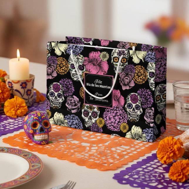 Dia de los Muertos Mexican Sugar Skulls & Flowers Large Gift Bag (Feliz Dia de los Muertos Gift Bag. Colorful Mexican Day of the Dead Floral Sugar Skulls Pattern.)