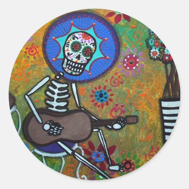 DIA DE LOS MUERTOS MUSIKERO CLASSIC ROUND STICKER (Front)