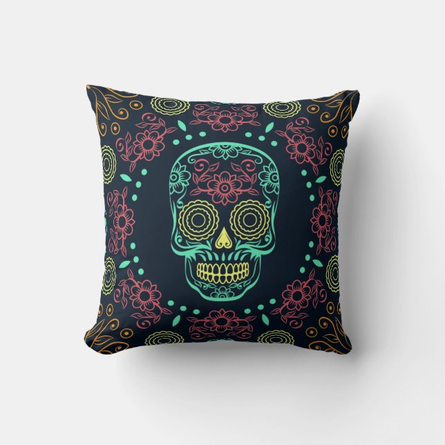 Dia de los Muertos Neon Floral Skull Throw Pillow (Front)