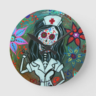 Dia de los Muertos Nurse RN painting Round Clock
