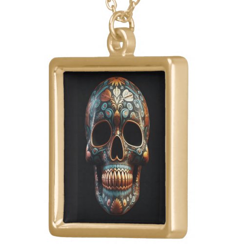 Dia de los Muertos painted skull calavera Gold Plated Necklace