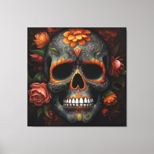 Dia de los Muertos painted skull flower calavera Canvas Print