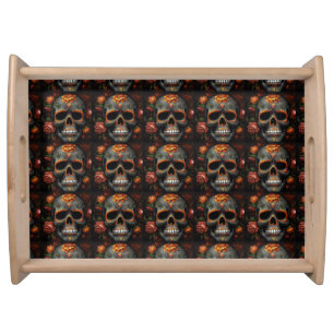 Dia de los Muertos painted skull flower calavera Serving Tray
