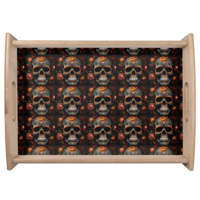 Dia de los Muertos painted skull flower calavera Serving Tray (Front)