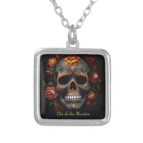 Dia de los Muertos painted skull flower calavera Silver Plated Necklace