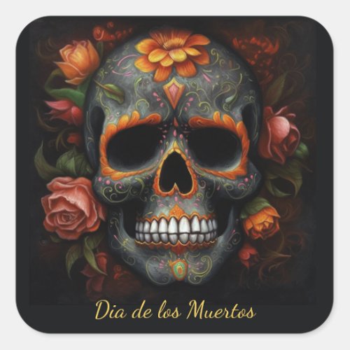 Dia de los Muertos painted skull flower calavera Square Sticker