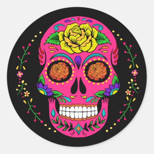 Da de los Muertos Pink Sugar Skull Halloween Classic Round Sticker