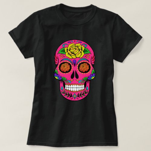 Dia de los Muertos Pink Sugar Skull Marigold Eyes T_Shirt