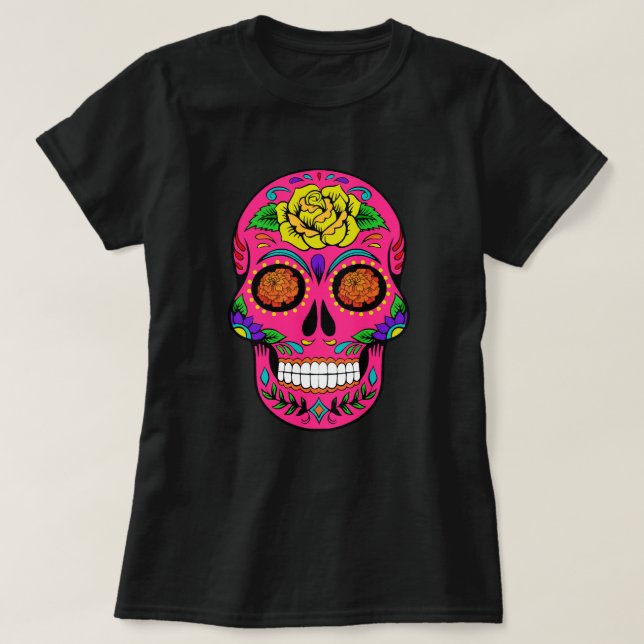 Dia de los Muertos Pink Sugar Skull Marigold Eyes T-Shirt (Design Front)