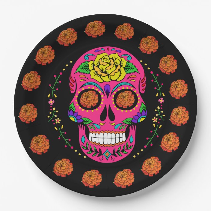 Dia de los Muertos Pink Sugar Skull & Marigolds Paper Plate | Zazzle.com