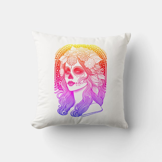 Día De Los Muertos, rainbow Throw Pillow (Front)