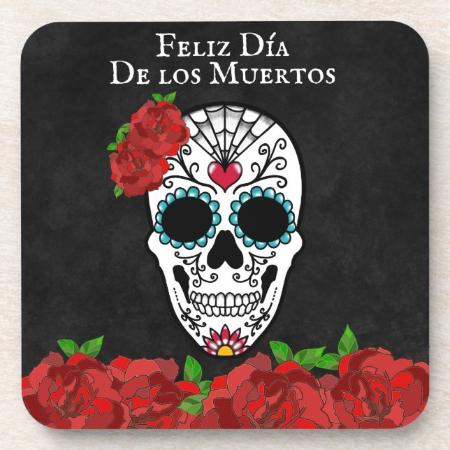 Dia De Los Muertos Red Turquoise Sugar Skull Beverage Coaster (Front)