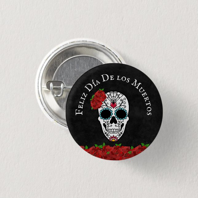 Dia De Los Muertos Red Turquoise Sugar Skull Button (Front & Back)