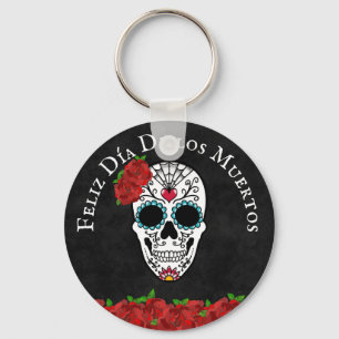 Dia De Los Muertos Red Turquoise Sugar Skull Keychain