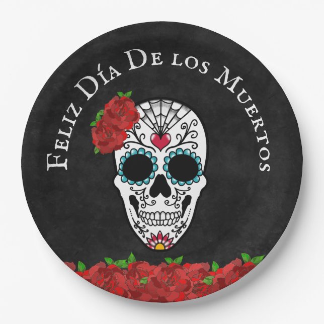 Día De Los Muertos Red Turquoise Sugar Skull Paper Plates (Front)