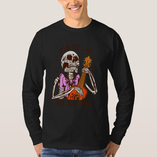 Dia De Los Muertos Skeleton Colourful Bow Music Gu T-Shirt (Front)