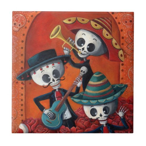 Dia de Los Muertos Skeleton Mariachi Trio Ceramic Tile